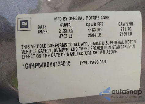 2000 Buick Lesabre Custom z USA, uszkodzony, nr VIN 1G4HP54K0Y4134515